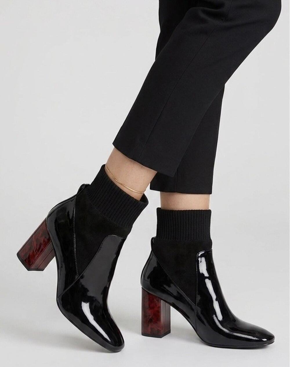 Secret Black Patent Sock Booties Women Size 9 Stretch Ankle Heels Capsule Chic